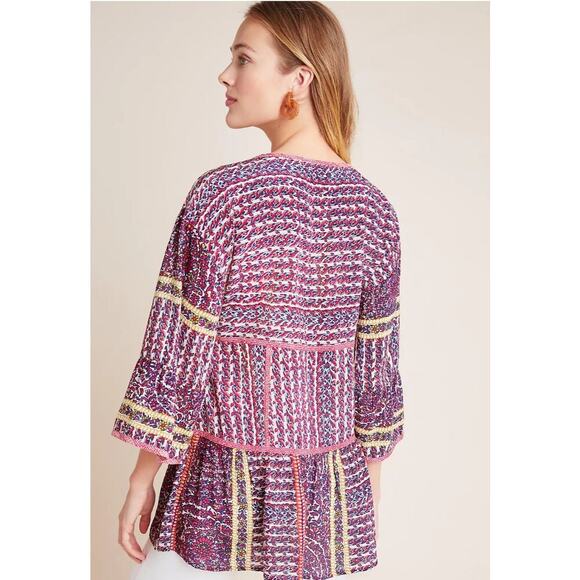 Anthropologie Maeve 100% Silk Tiered V-Neck Cottagecore Boho Floral Tunic Medium - Picture 2 of 8